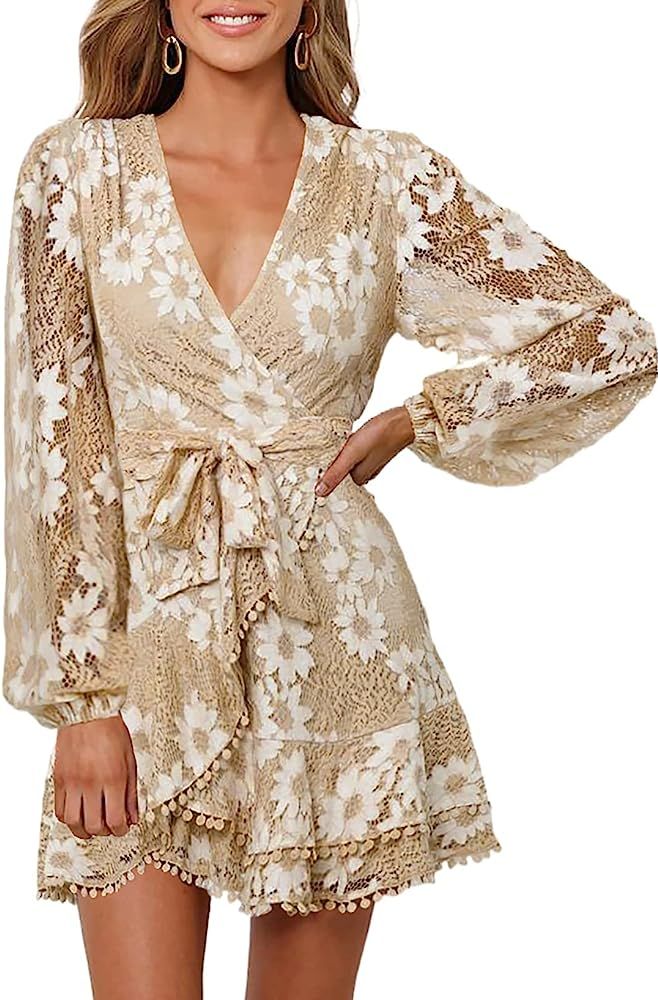 FARYSAYS Womens Lace Wrap Mini Dresses Floral V Neck Ruffle Short Dress with Belt | Amazon (US)
