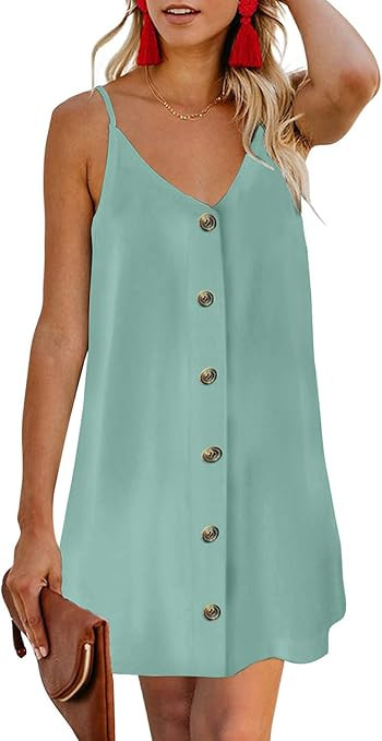 AlvaQ Women Summer Spaghetti Strap Button Down V Neck Sleeveless Casual Mini Dress | Amazon (US)