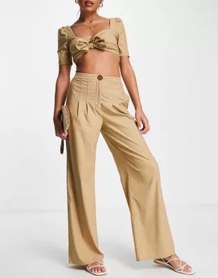 Skylar Rose 2 piece wide leg pant and bow front crop top set in tan | ASOS | ASOS (Global)