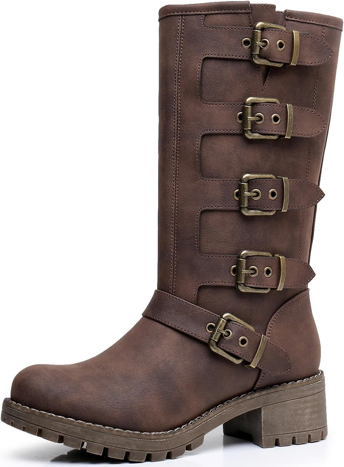 GLOBALWIN Women's Mid Calf Moto Boots With Buckle Straps | Amazon (US)