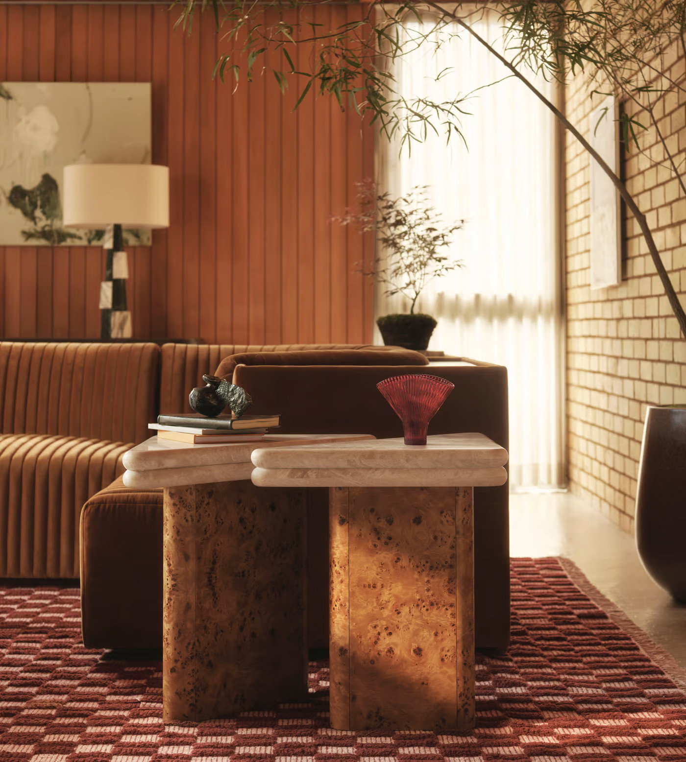 Earthy Toned and Marble Side Tables for a Cozy Living Room