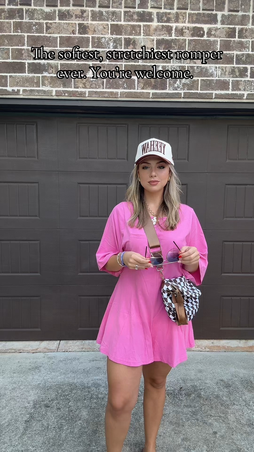 Fall transition made easy 🍂✨ A pink romper keeps it playful, while a trucker hat + chunky gold accessories pull the whole look together. Effortless, comfy, and chic for those in-between days! #FallTransitionStyle #OOTDinspo #LTKstyle #FallOutfitIdeas 

#LTKSeasonal #LTKStyleTip #LTKFindsUnder100