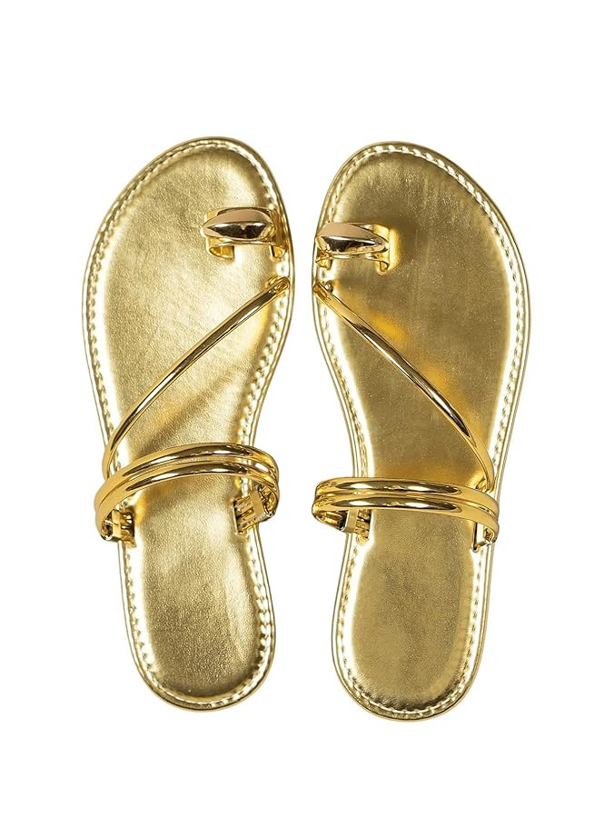Verdusa Women's Metallic Open Toe Ring Sandals Summer Strappy Flat Sandals | Amazon (US)