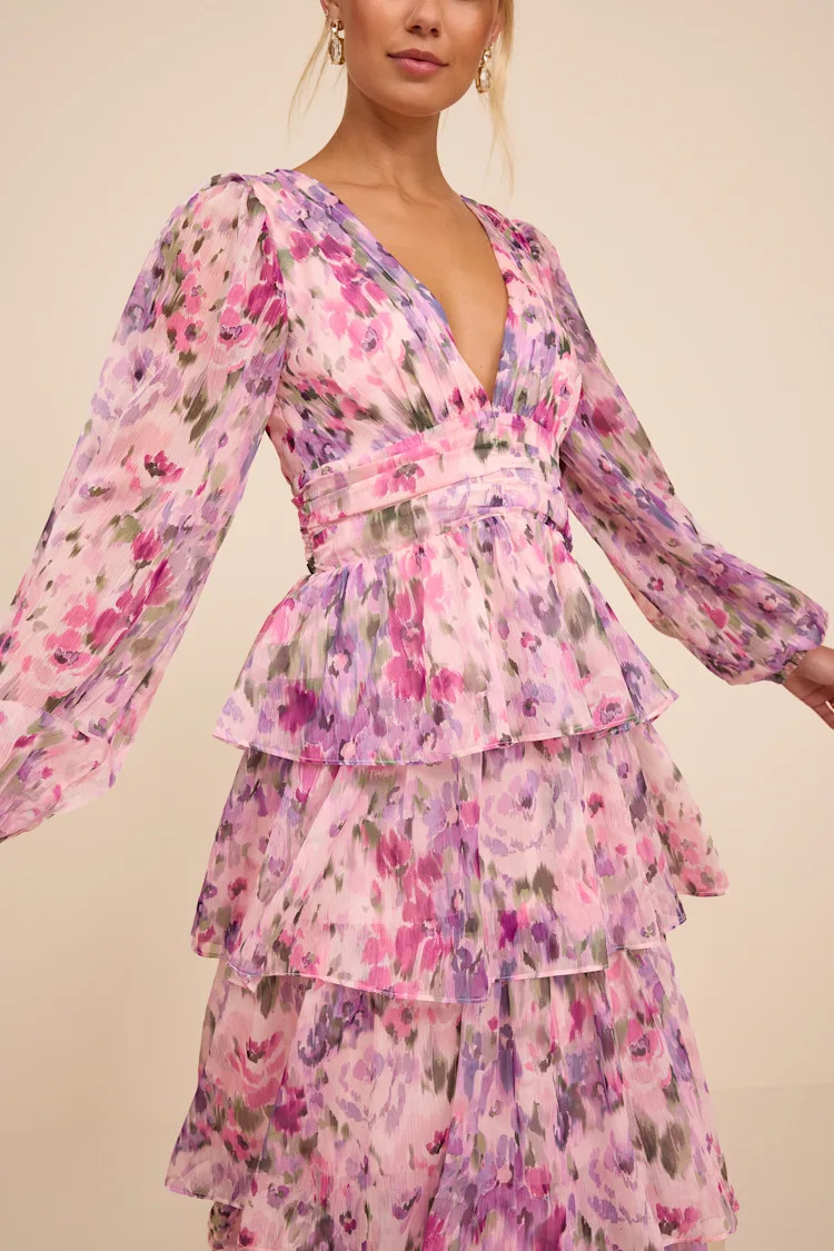 Macy Blush Multi Floral Tiered Midi Dress | Lulus