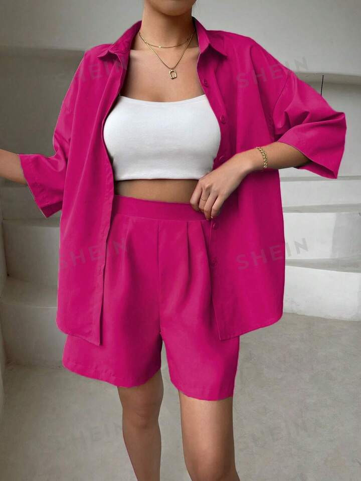 SHEIN Essnce Women Spring Summer Loose Fit Drop Shoulder Sleeve Casual Shirt And Shorts Two Piece... | SHEIN