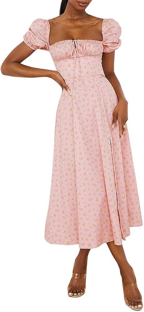 Murfhee Women's Elegant Floral Print Puff Sleeve Ruched A-Line Split Party Long Maxi Dress | Amazon (US)