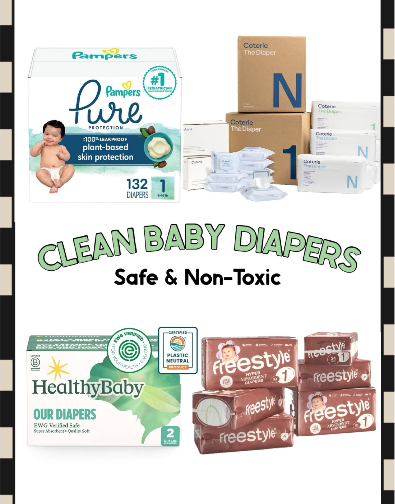 Clean baby diapers without Forever chemicals and other harmful components.
Coterie
Healthy baby
Freestyle 
Pampers pure and more 

#LTKBaby #LTKFamily #LTKKids