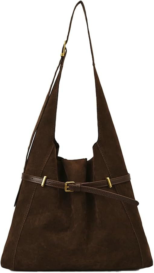 Retro Suede Tote Bag for Women Bucket Shoulder Purse Hobo Purse Slouchy College Travel Tote Handb... | Amazon (US)