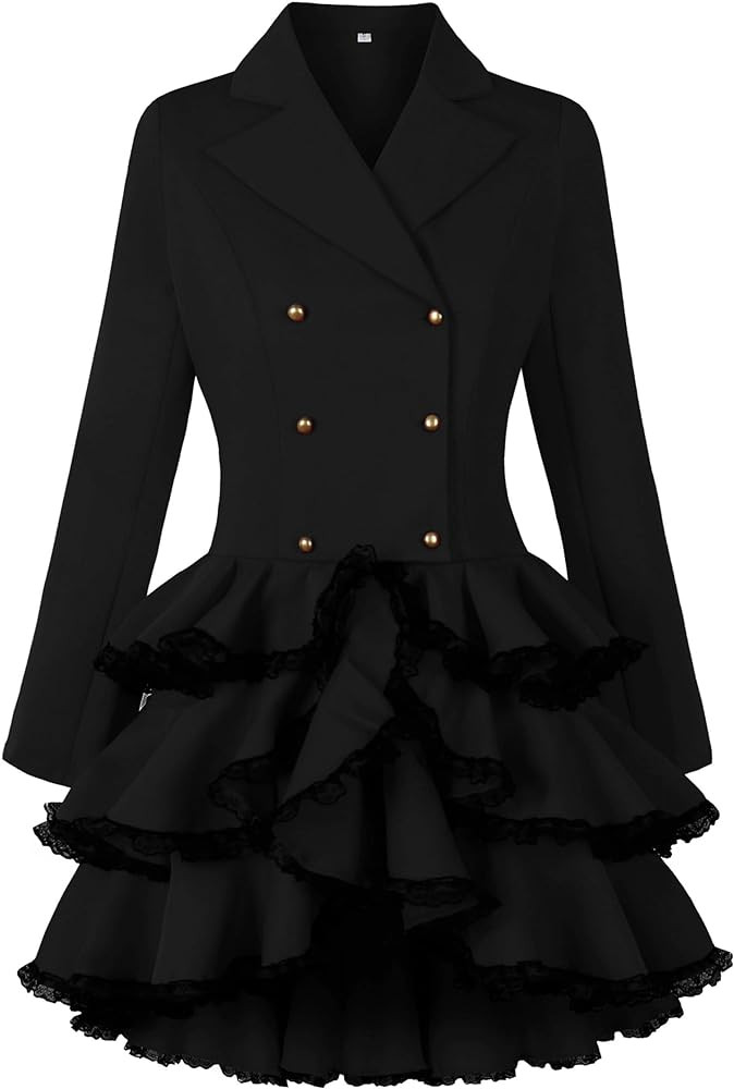 Nihsatin Women Double Breasted Victorian Steampunk Blazer Coat Jacket with Lace Hem | Amazon (US)