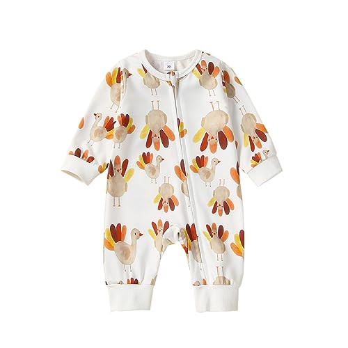 YINGISFITM My First Thanksgiving Baby Boy Girl Outfit Long Sleeve Onesie Zip Up Turkey Jumpsuit Fall Thanksgiving Clothes (First Thanksgiving Outfit White, 0-3 Months) | Amazon (US)