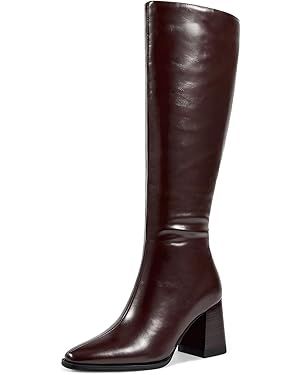 wetkiss Knee High Boots for Women, Chunky Boots with Side Zipper, Stretch Slit, Almond Toe, Stack... | Amazon (US)