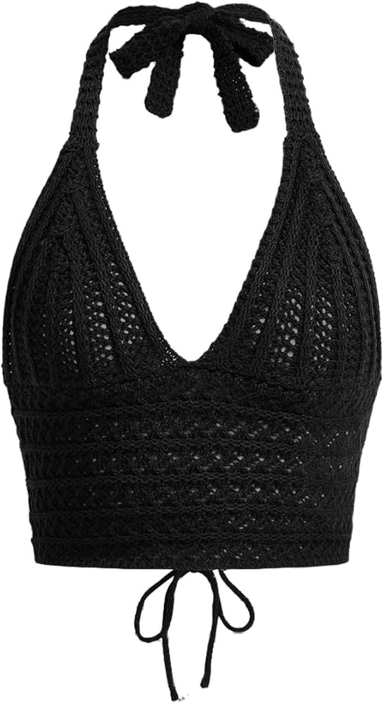 Women Sexy Hollow Out Crochet Crop Halter Tops Y2K Knitted V Neck Sleeveless Backless Lace Up Cro... | Amazon (US)