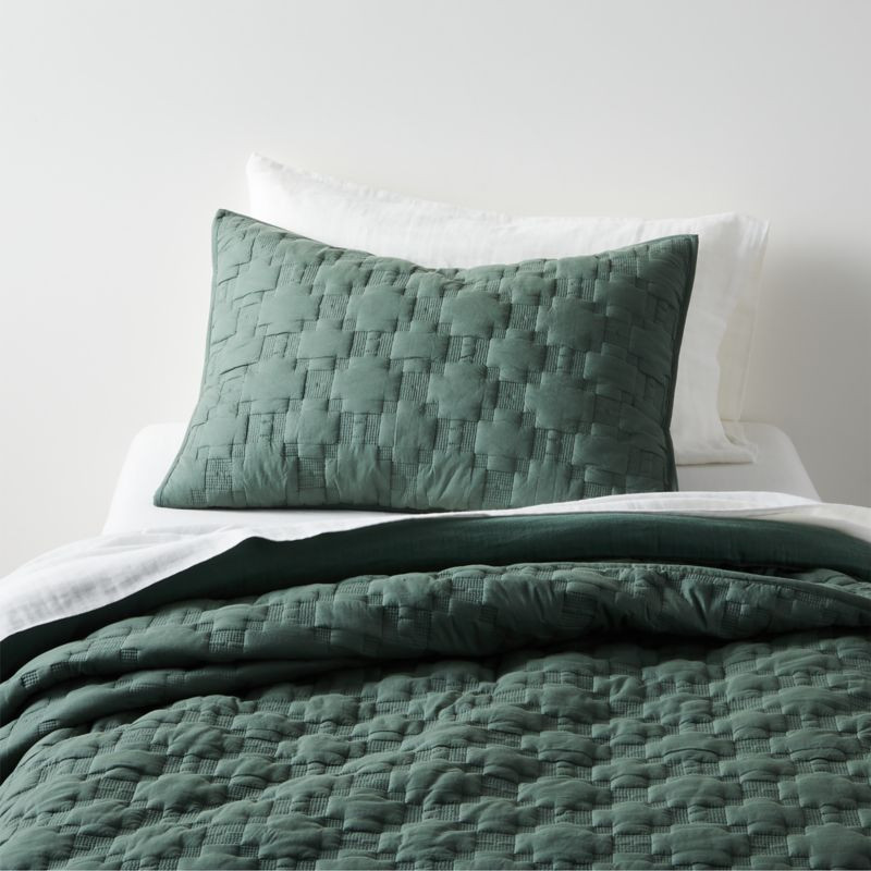 Pine Green Geometric Stitch Embroidered Cotton Kids Full/Queen Quilt + Reviews | Crate & Kids | Crate & Barrel