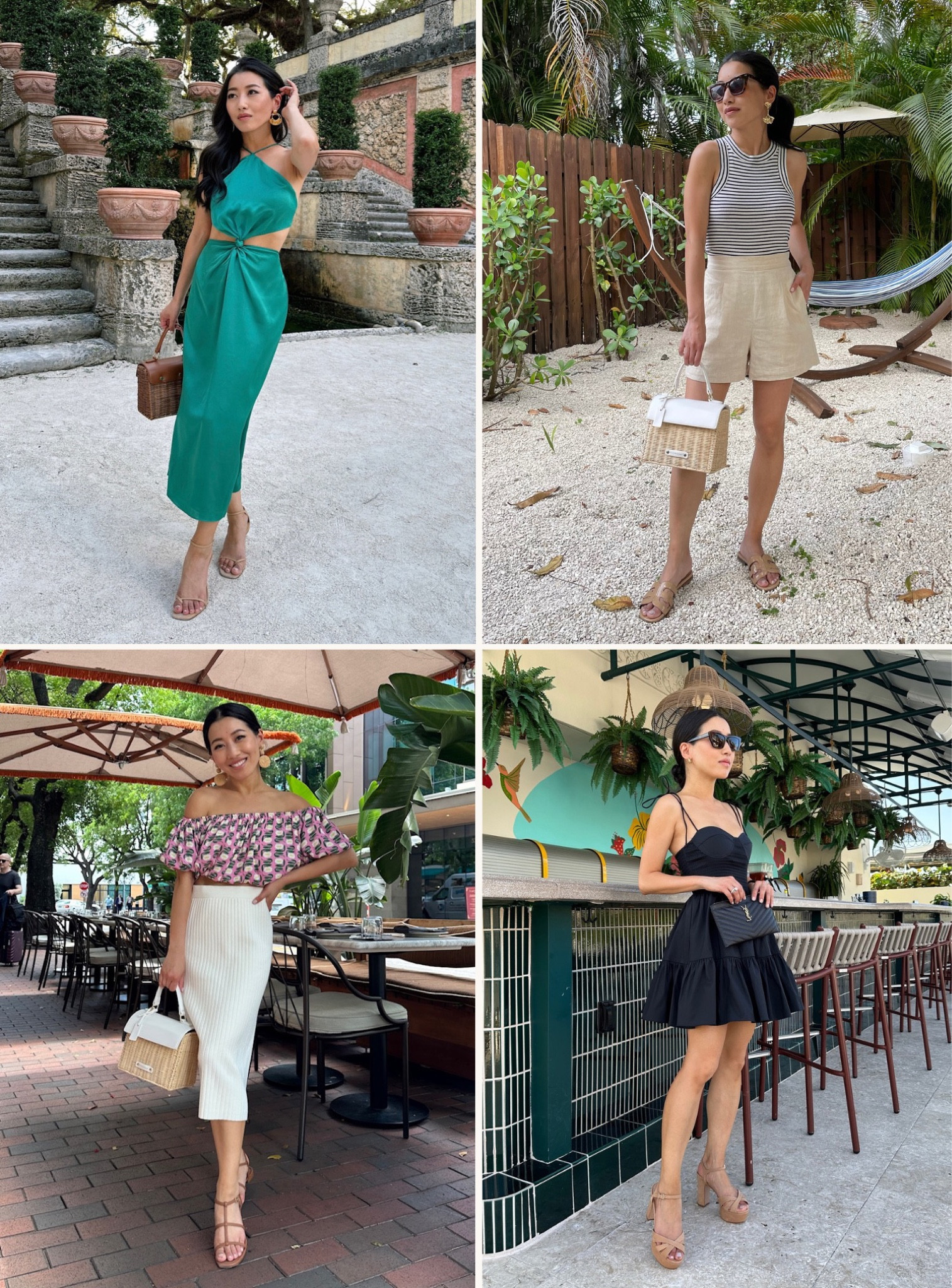 Full roundup of my Miami outfits are on the blog: ExtraPetite.com

Clockwise from top left:
•Fame + Partners dress 0 (worn with nippies) + Reformation sandals sz 5 + Modern Picnic mini bag (JEAN20 for 20% off) + Sezane earrings 

•Madewell shorts xxs + similar tank linked + SE flat sandals sz 5 + MP mini bag

•Staud dress xs + Schutz sandals sz 5.5

•Amazon knit skirt xs (loose fit on me) + Agua Bendita top sz 14 + MP mini bag

#petite

#LTKtravel #LTKSeasonal