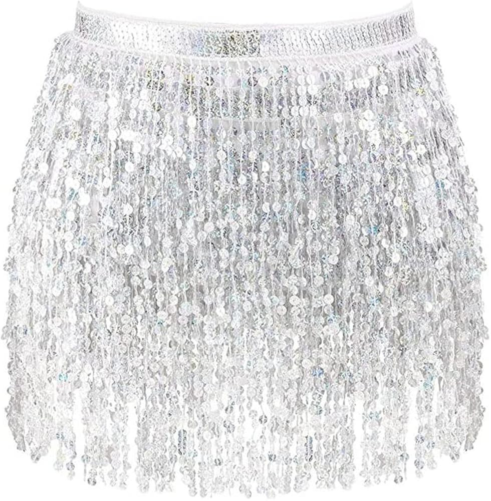 Sexy Sequin Belly Dance Hip Skirt Tassel Scarf Wrap Rave Costume Belts Skirt for Women | Amazon (US)