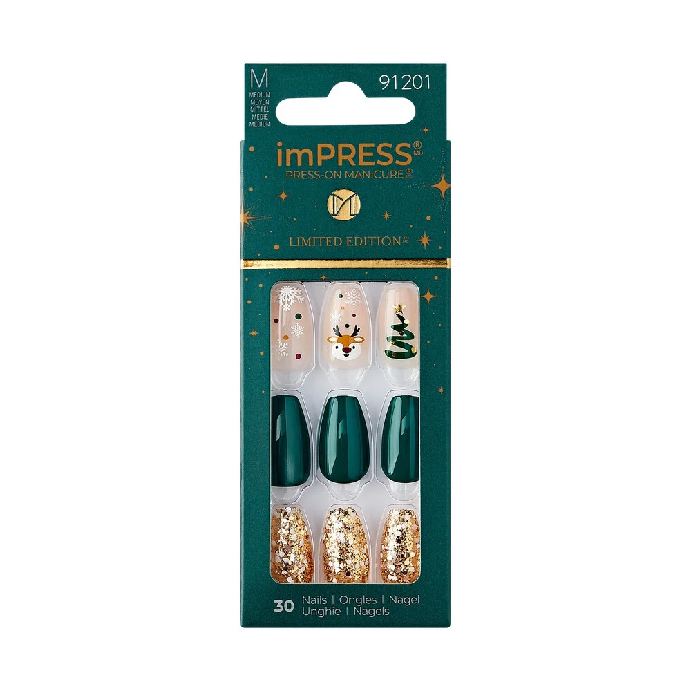 imPRESS Holiday Press-On Nails, Cozy Comfort, Green, Medium Length, Coffin Shape, 30 Ct. | Walmart (US)