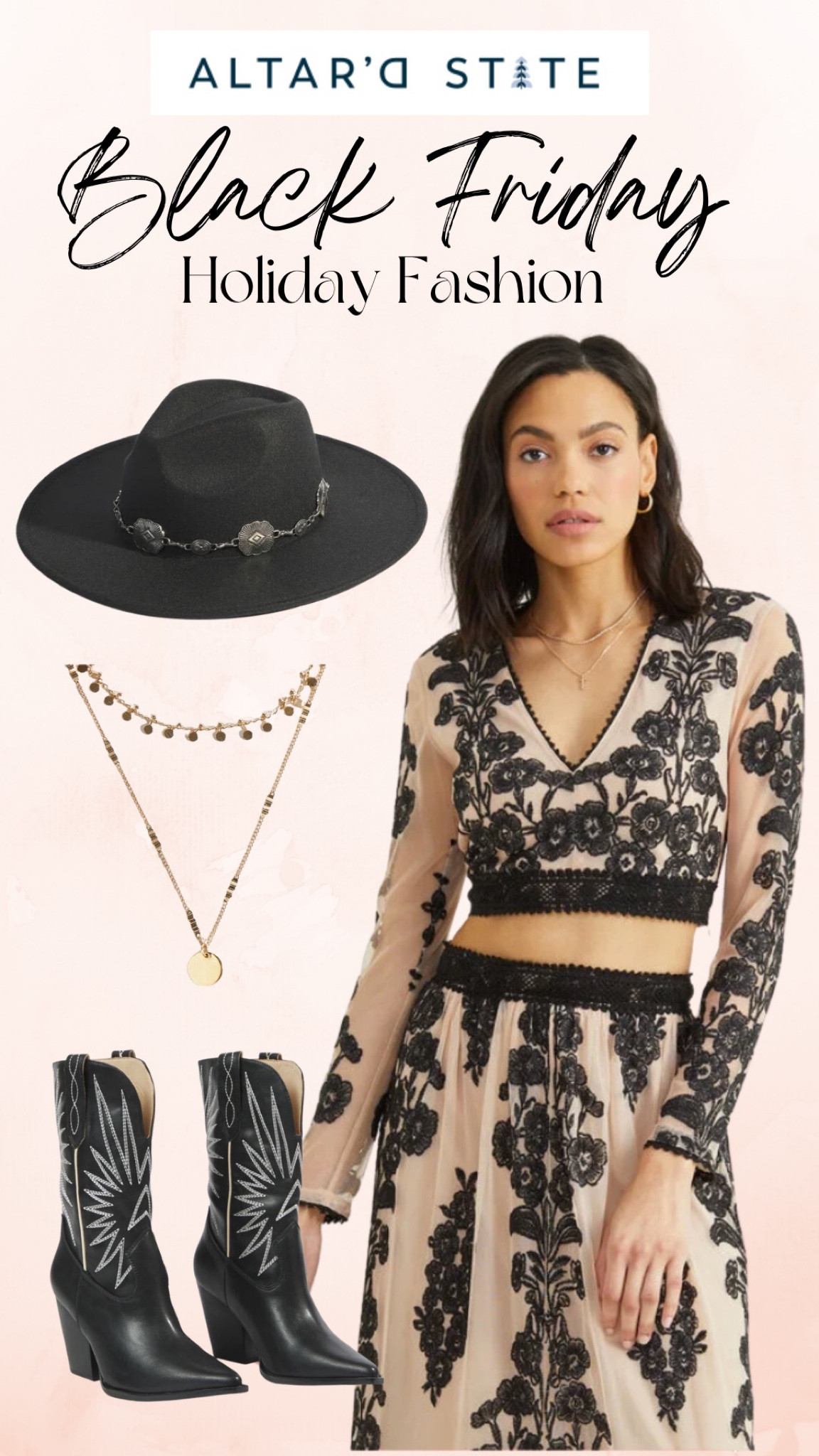 Altar’d State Black Friday holiday dresses! This long nude/black lace dress is perfect for your formal event! Black cowgirl hat with black boots! 

#LTKHoliday #LTKCyberweek #LTKGiftGuide