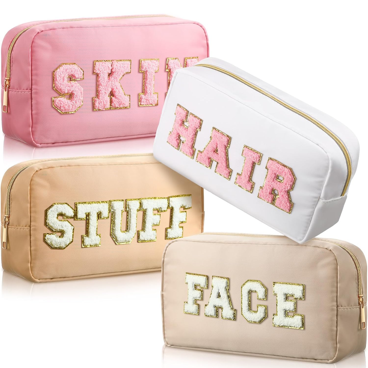 4 Pcs Preppy Makeup Bags,Light Brown, Beige, Light Pink, White | Amazon (US)