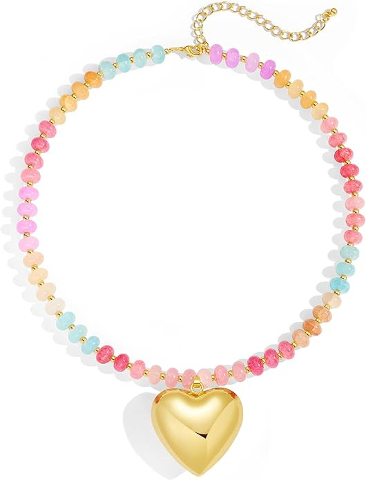 YUJIE Colorful Beaded Necklace for Women, Chunky Boho Choker with Large Gold Puffy Heart Pendant,... | Amazon (US)