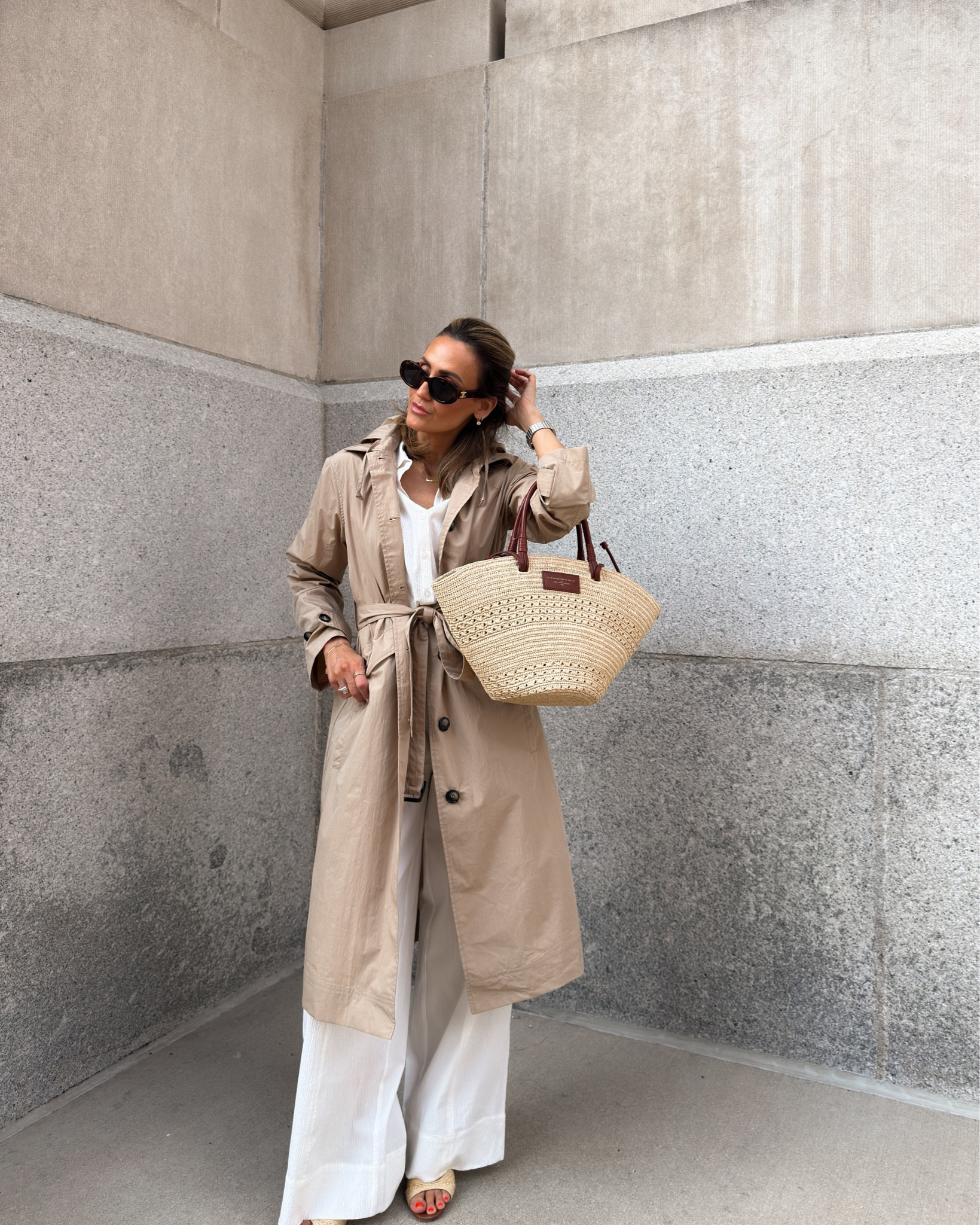 Look expensive without trying with these slightly casual yet polished layers. Set is lightweight and breathable seersucker fabric with a relaxed dolman sleeve that create fluid movement. Love the wide leg pant silhouette. Timeless trench, hidden roll away hood tucks into the collar. Ideal for transitioning weather. Size xs on and set 

#LTKOver40 #LTKootd #LTKSeasonal