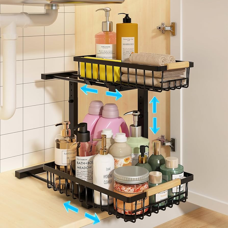 REALINN Under Sink Organizer, Height Adjustable Under Sink Organizers and Storage, 2 Tier Pull Ou... | Amazon (US)