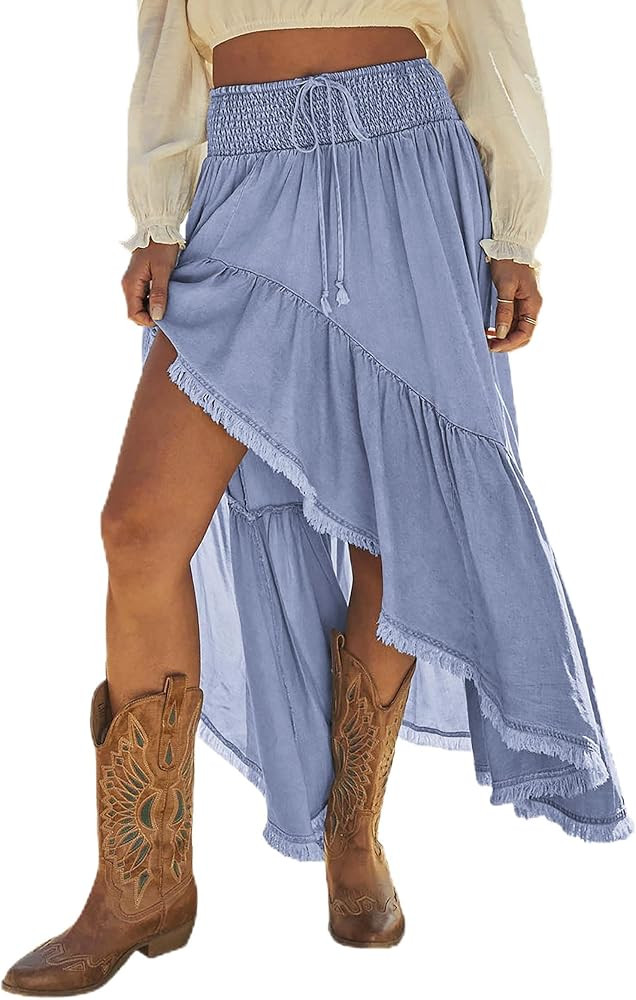 FOMELY Women Western Maxi Skirt Boho Asymmetrical Ruffle Denim Long Skirts | Amazon (US)