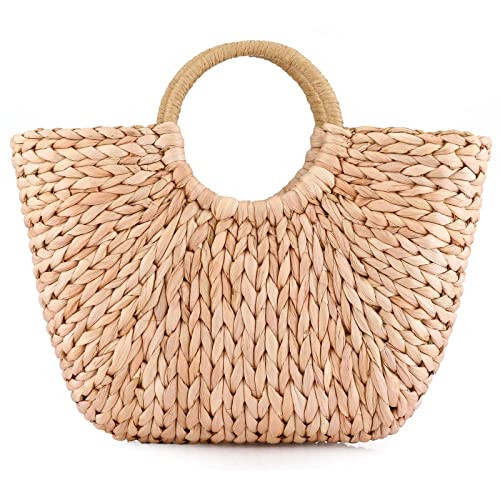EROUGE Natural Chic Straw Bag Hand Woven Round Handle Handbags Retro Summer Beach Bag Beach Bag | Amazon (US)