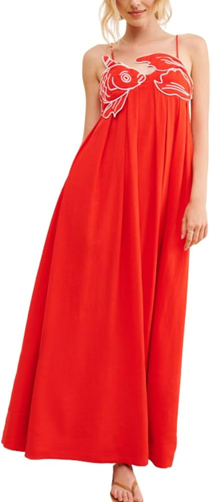 Womens Koi Fish Long Strap Dress 3D Fish High Waist Maxi Cami Dress | Amazon (US)