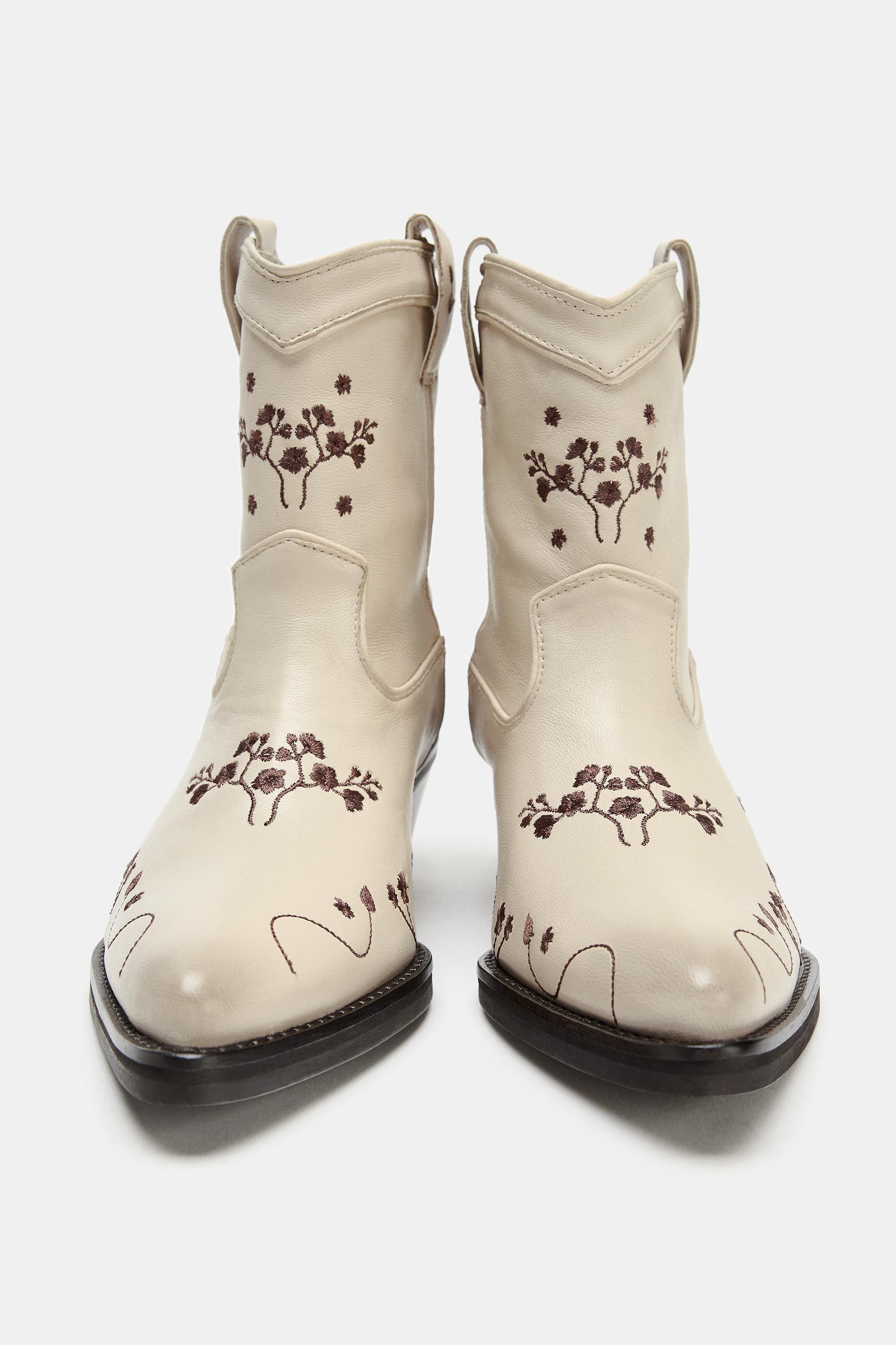LEATHER EMBROIDERED COWBOY ANKLE BOOTS | Zara US