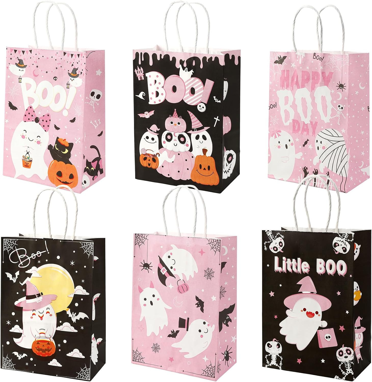 Halloween Treat Bags, 6PCS Halloween Goodie Candy Gift Bags with Handles, Black and Pink Little Boo Paper Bag, Cute Cartoon Ghost Trick or Treat Party Favor Bag for Kid Halloweens Party Favor Supplies | Amazon (US)