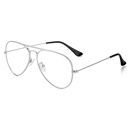 Classic Aviator Blue Light Glasses for Women Men, Metal Frame Clear Lens Eyeglasses (Silver) | Amazon (US)