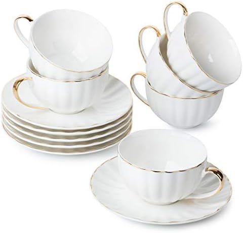 BTaT- Tea Cups and Saucers, Set of 6 (7 oz) with Gold Trim and Gift Box, Cappuccino Cups, Coffee ... | Amazon (US)