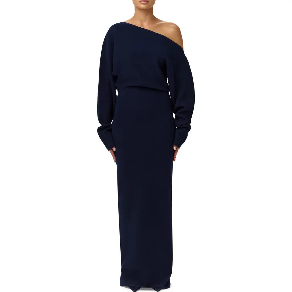 Naked Wardrobe One-Shoulder Long Sleeve Maxi Sweater Dress in Navy Blue at Nordstrom, Size Large | Nordstrom