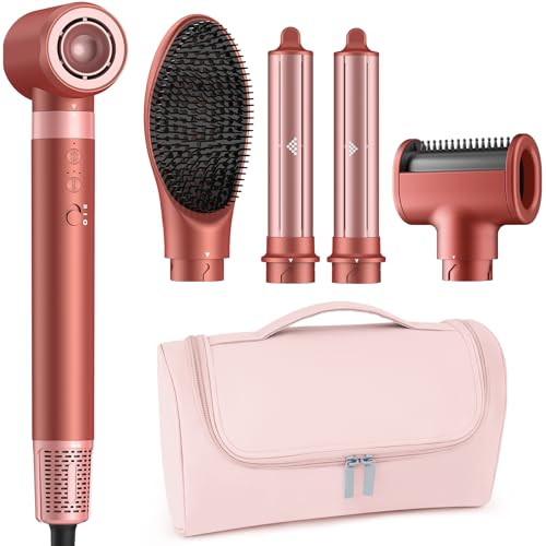 MESCOMB 5 in 1 High-Speed Hot Air Styler, Professional Frizz-Free Hair Dryer Brush, Fast Drying, No Heat Damage Air Styler Wrap for Curl, Volumize, Straighten, Includes Travel Bag (Hot Pink) | Amazon (US)