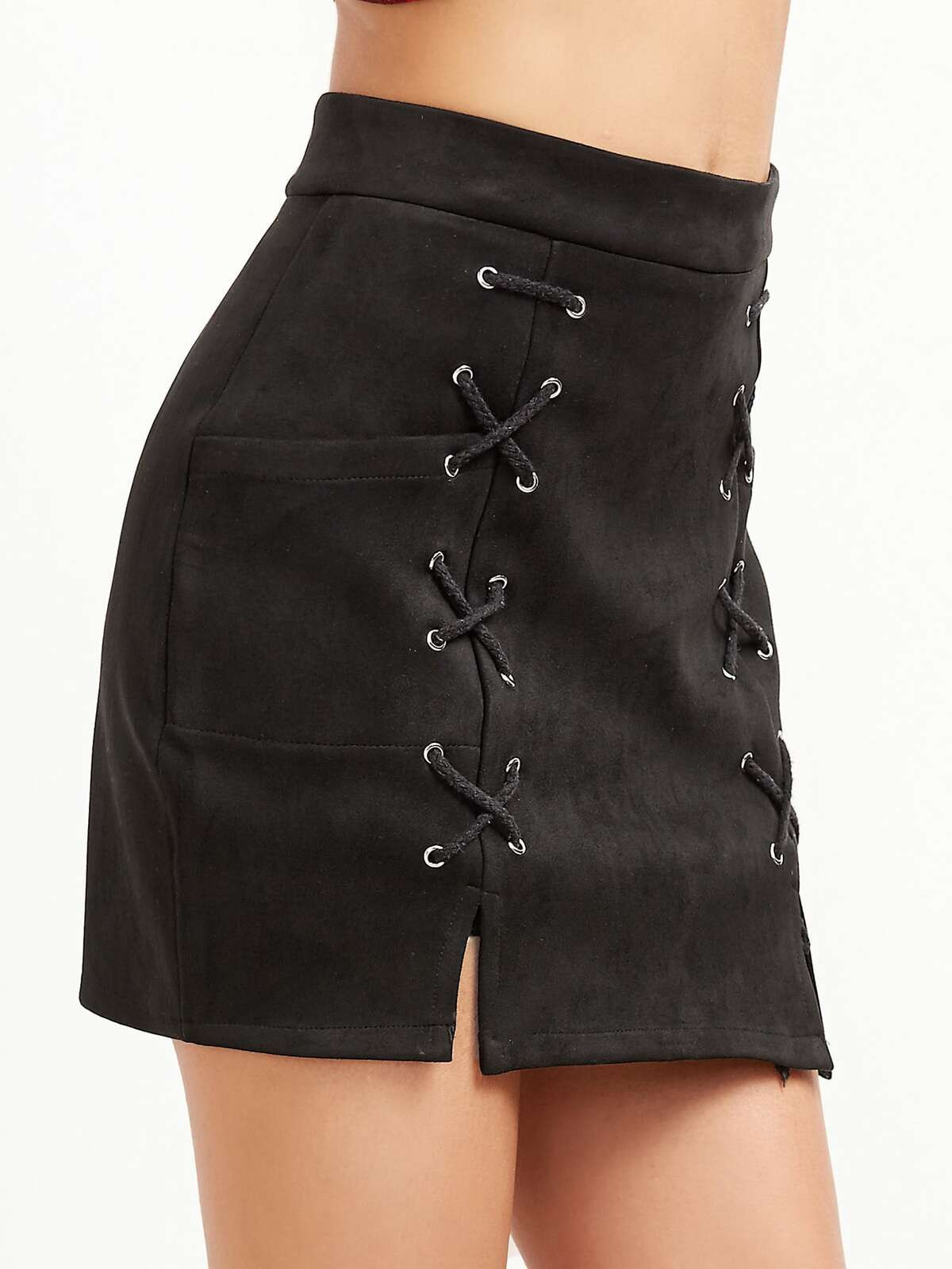 Black Suede Slit Lace Up Bodycon Skirt With Zipper | ROMWE