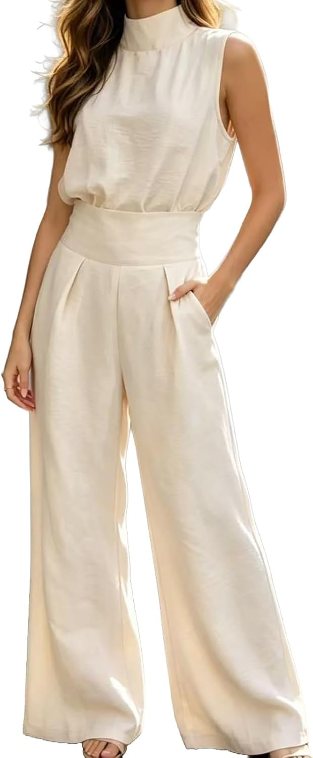 Women's Linen Two Piece Set High Neck Sleeveless Tank Top & High Waist Wide Leg Pants Casual Vacation Suit | Amazon (US)