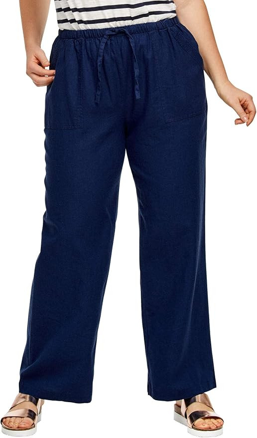 ellos Plus Size Linen-Blend Elastic Waist Drawstring Relaxed Pant | Amazon (US)