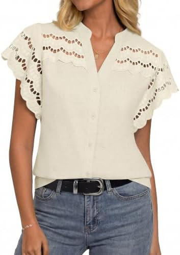 GRACE KARIN Womens Summer Tops Cotton Linen Eyelet Flowy Blouses Beach Vacation V Neck Button Dow... | Amazon (US)