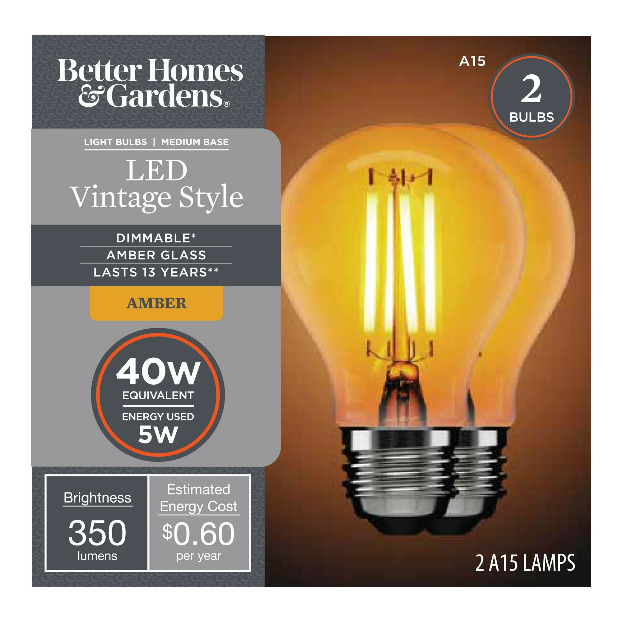 Better Homes & Gardens A15 Vintage LED Amber Light Bulb, 40 Watts Eqv, Dim, E26 - 2 Pk | Walmart (US)