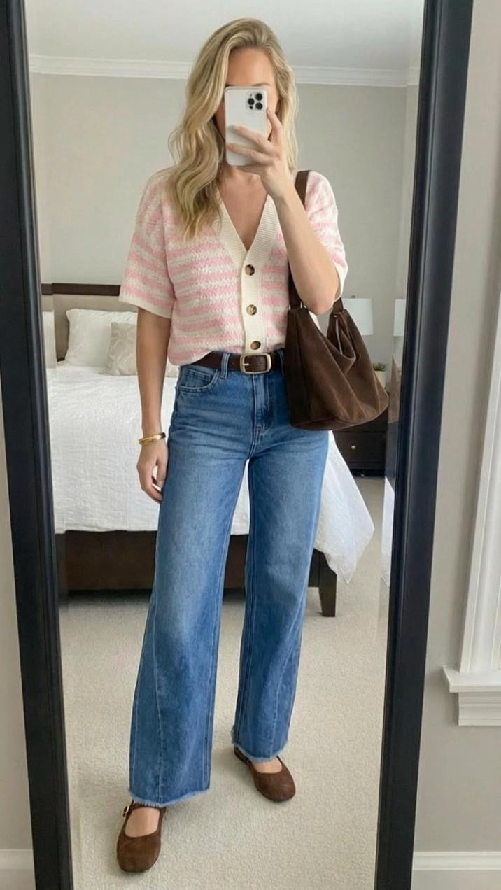 This is one of those outfits that feels *effortlessly put together* without trying too hard — casual, feminine, and quietly chic 💕

The soft pink striped cardigan instantly gives this look a light, fresh feel. The short sleeves and relaxed fit keep it comfortable and easy, while the button-front style makes it versatile — wear it fully buttoned like this for a polished vibe or slightly open over a tank when you want it more casual. The subtle pink and cream tones are perfect for transitioning seasons and add just enough color without feeling loud.

Paired with classic straight-leg jeans, the outfit stays grounded and wearable. This denim cut is flattering, timeless, and balances the softness of the cardigan beautifully. The brown accessories are what really elevate the look — the suede flats add a feminine, vintage-inspired touch, while the brown shoulder bag ties everything together and keeps the outfit feeling warm and cohesive.

This is the kind of outfit you throw on for coffee runs, errands, casual lunch dates, or days when you want to feel cute but comfortable. It’s approachable, easy, and polished in that “I didn’t overthink this” way — which is honestly the best kind of style.

If you love neutral outfits with a soft pop of color, this formula is a go-to: cozy cardigan + great jeans + warm brown accessories. Simple, timeless, and endlessly wearable 🤍

**Keywords:** casual chic outfit, pink cardigan outfit, everyday denim look, neutral outfit ideas, spring transition outfit, effortless style, capsule wardrobe, casual feminine style, Amazon fashion, mom style


#LTKdayinmylife #LTKmomlife #LTKgrwm