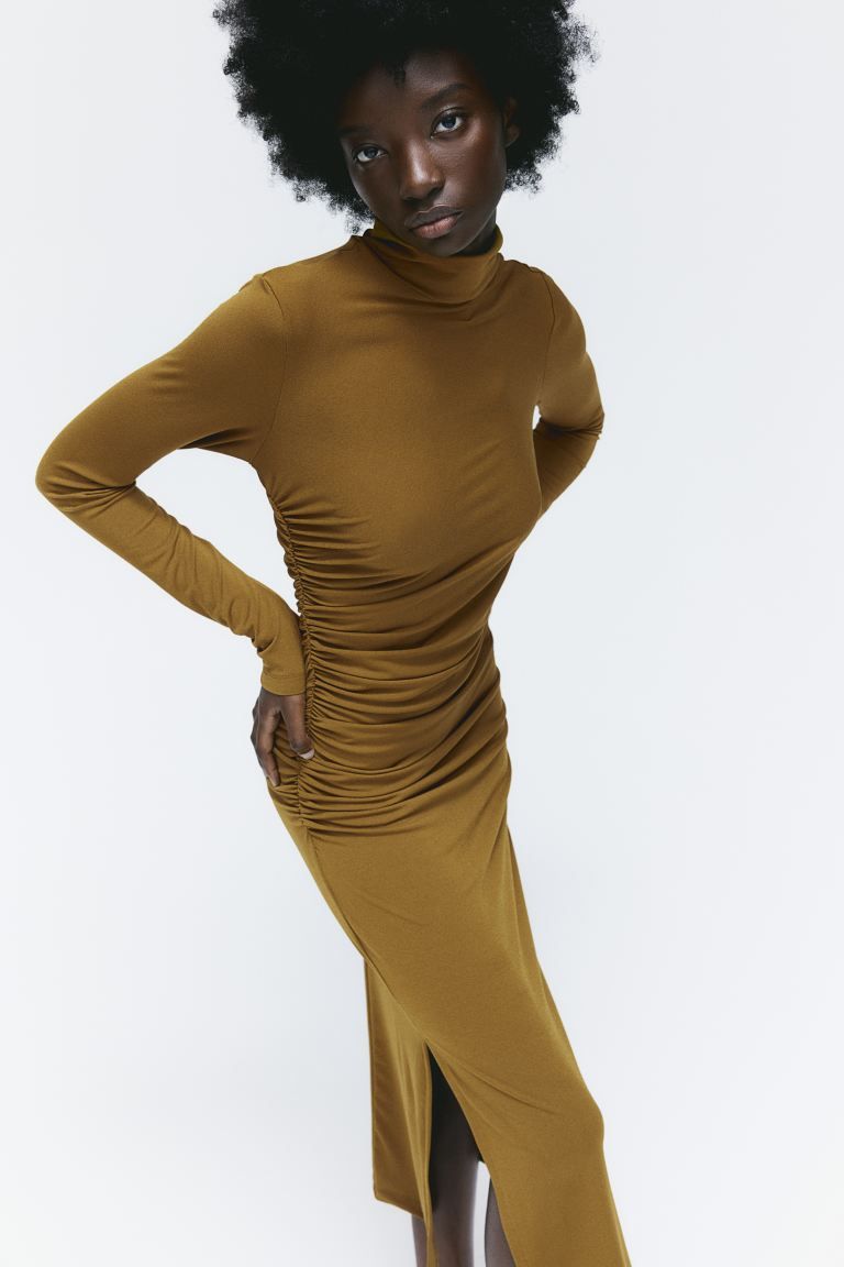 Gathered Mock Turtleneck Dress - Brown - Ladies | H&M US | H&M (US + CA)