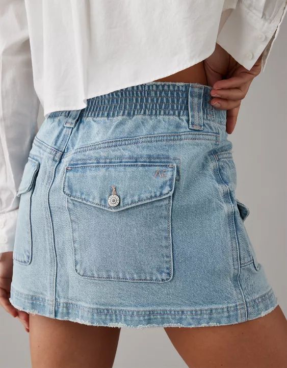 AE Stretch Low-Rise A-Line Denim Cargo Mini Skirt | American Eagle Outfitters (US & CA)