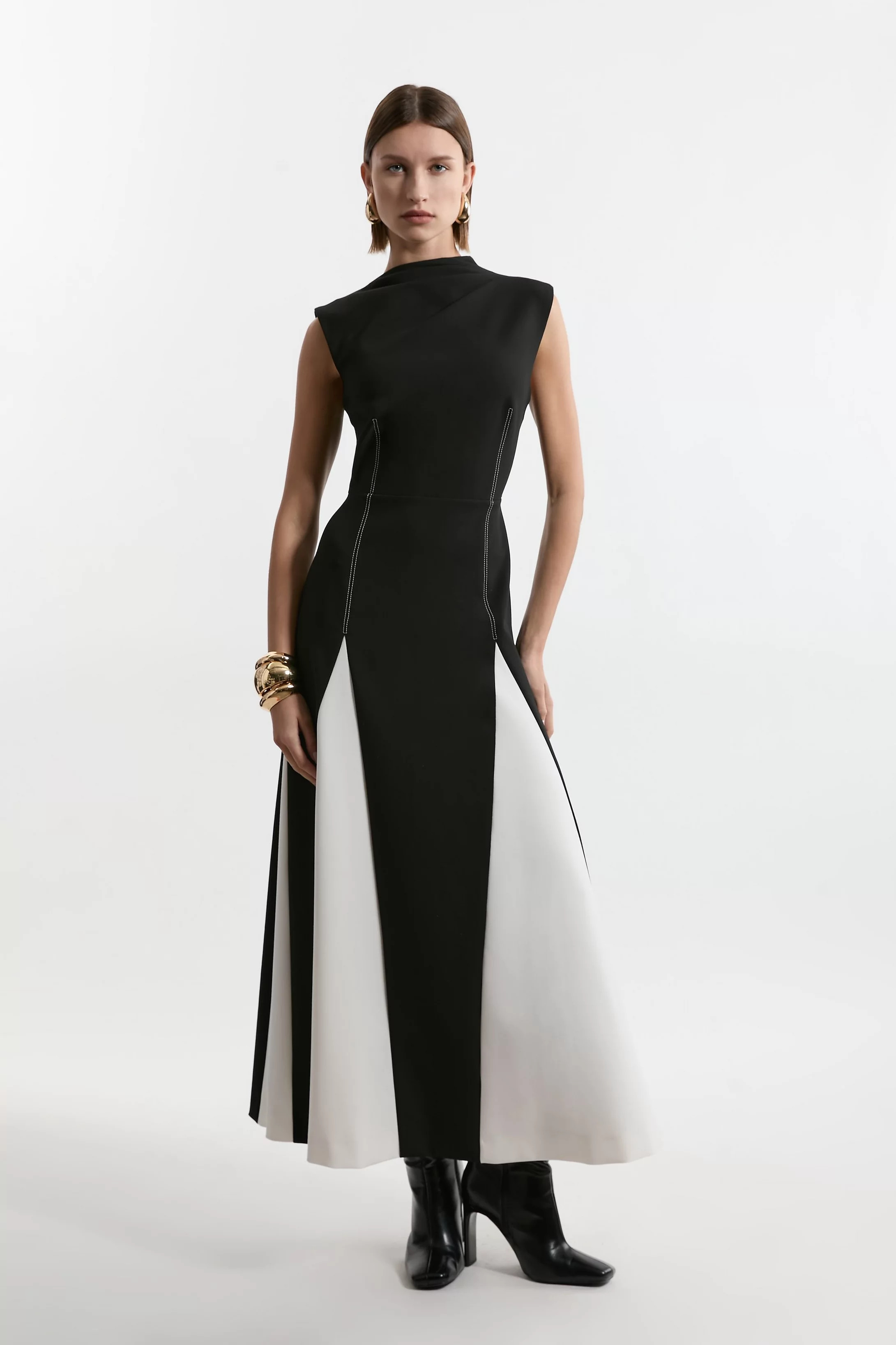 Compact Stretch Tailored Colour Block Full Skirted Midi Dress | Karen Millen UK + IE + DE + NL