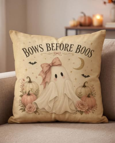 Feranovian Halloween Pillow Cover 18x18, Pink Bow Ghost Pumpkin Decor | Amazon (US)