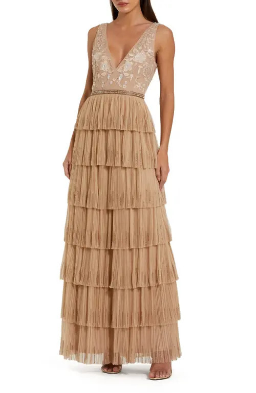 Mac Duggal Floral Beaded V Neck Tiered Ruffle Mesh Gown in Beige at Nordstrom, Size 4 | Nordstrom
