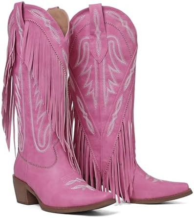 Cowboy Boots for Women Fringe Knee High Cowgirl Western Boots with Classic Embroidery Pointed Toe... | Amazon (US)