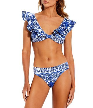 Ornate Border Bonded Ruffle V-Neck Tie Back Bralette Swim Top | Dillard's