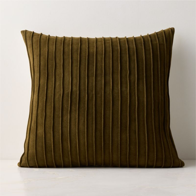 Gathered Olive Green Suede Throw Pillow with Down-Alternative Insert 20"x20" | CB2