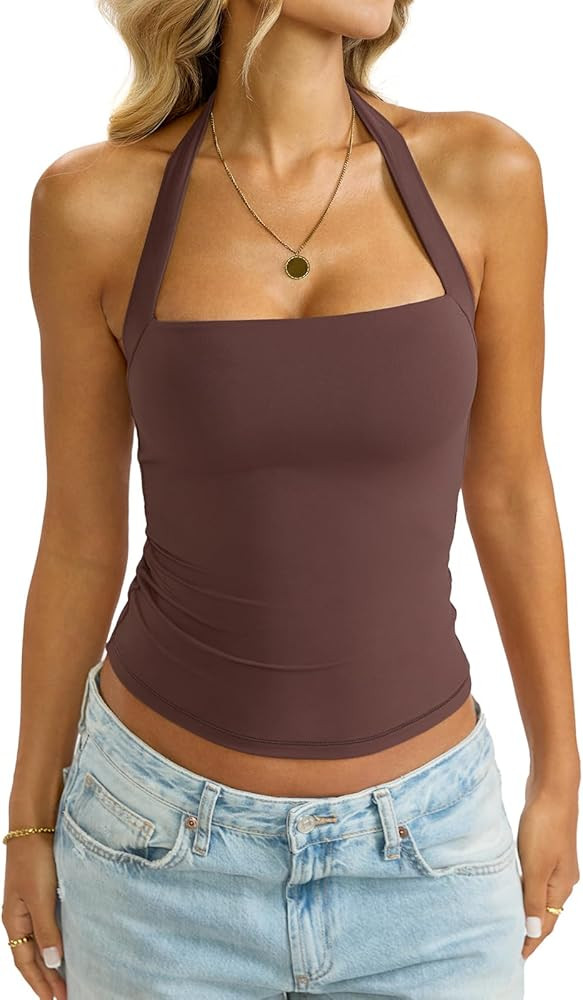 Womens Double Lined Square Neck Halter Tank Sexy Backless Shirt Y2K Sleeveless Top Fitted Going O... | Amazon (US)