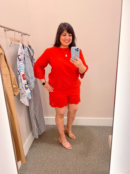 Memorial Day Outfit Inspiration! The cutest red set that’s perfect for the holiday weekend. Love the scallop details on both the top and shorts. Wearing size large in both pieces and both pieces are on sale 40% off! Schutz sandals true to size. 

Memorial Day outfit, spring outfit, spring outfits, summer outfit, vacation outfit, vacation outfits, summer outfits, Loft outfit, Loft top, Loft shirt, Loft shorts, red outfit, red shorts set

#LTKOver40 #LTKMidsize #LTKSeasonal